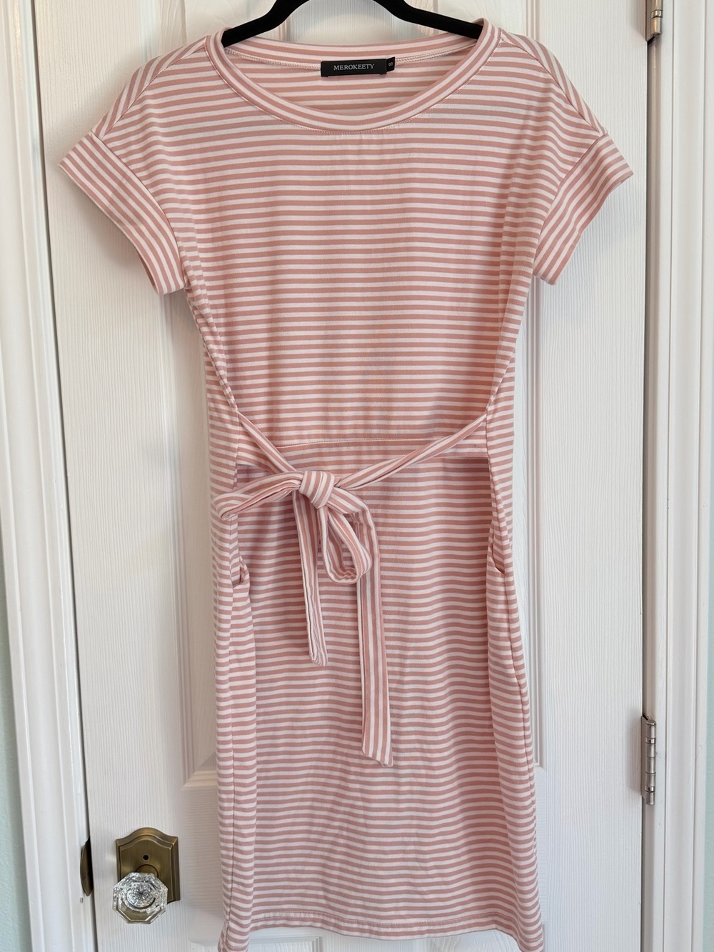 Merokeety Pink Striped Midi Dress with Tie Waist